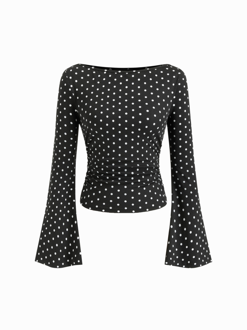 Boat Neck Solid Ruched Long Sleeve Tee
