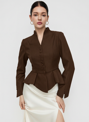 V-neck Button Split Peplum Long Sleeve Jacket