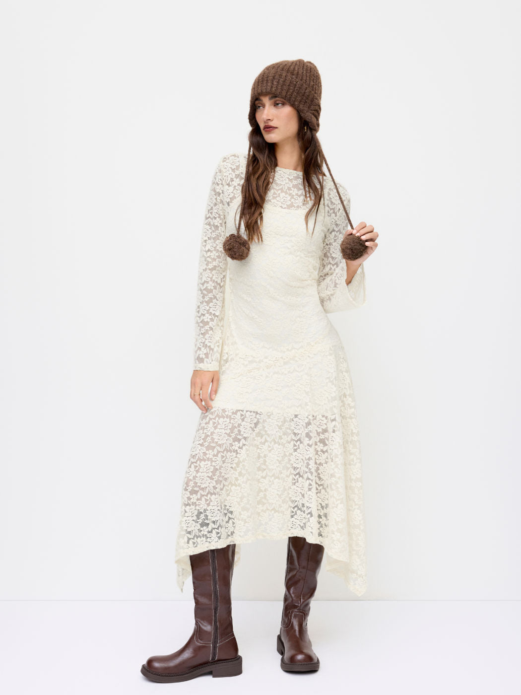 Lace Boat Neck Asymmetrical Hem Midi Dress with Bodycon Solid Dress