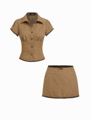 Cotton Plaid Collar Short Sleeve Blouse & Mid Rise Lace Trim Bowknot Mini Skirt Set