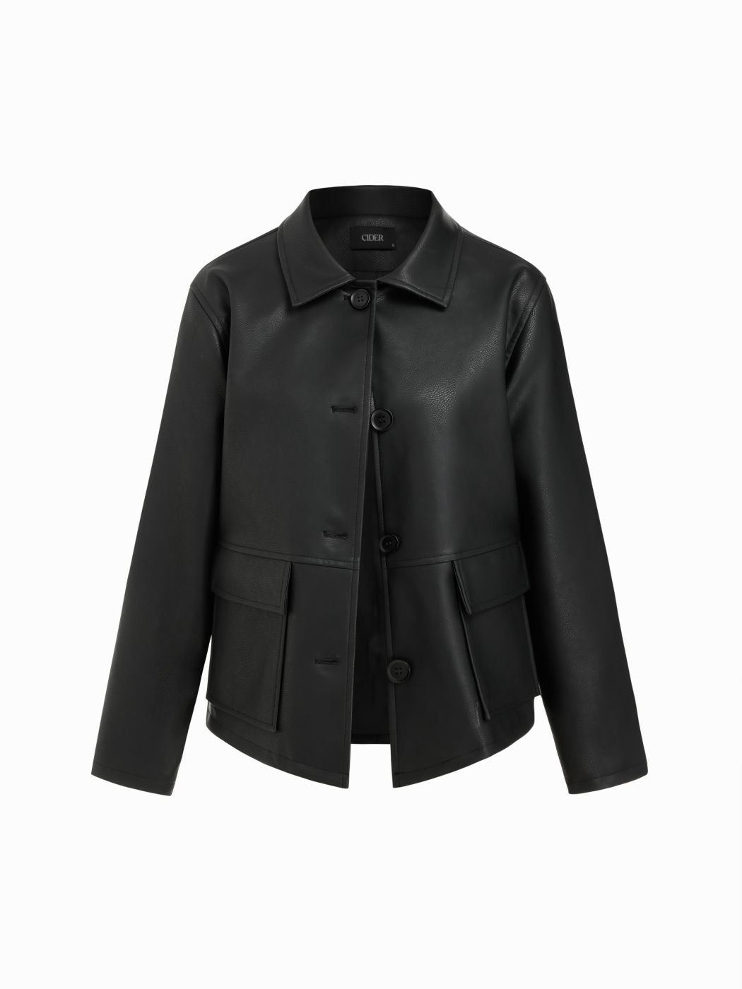 Faux Leather Collar Long Sleeve Button Oversized Shacket