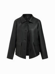 Faux Leather Collar Long Sleeve Button Oversized Shacket