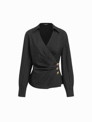 V-neck Striped Metal Button Wrap Blouse