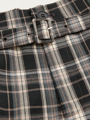 Mid Rise Plaid Wide Leg Trousers With Belt