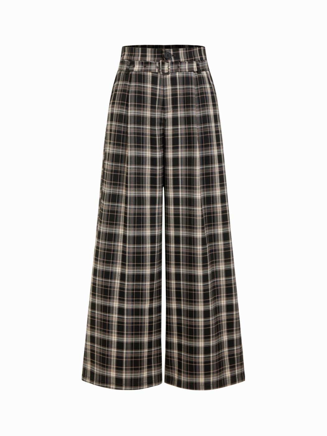Mid Rise Plaid Wide Leg Trousers With Belt