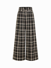 Mid Rise Plaid Wide Leg Trousers With Belt
