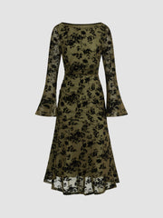 Mesh Boat Neck Floral Ruched Long Sleeve Maxi Dress