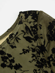 Mesh Boat Neck Floral Ruched Long Sleeve Maxi Dress