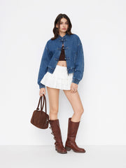 Denim Mandarin Collar Elastic Waist Oversized Jacket