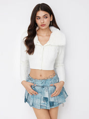 Denim Low Rise Abstract Graphic Pleated Micro Mini Skirt