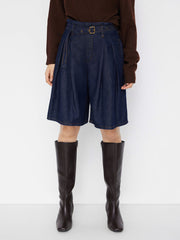 Denim Mid Rise Pleated Bermuda Jorts With Belt