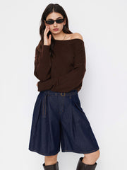 Denim Mid Rise Pleated Bermuda Jorts With Belt