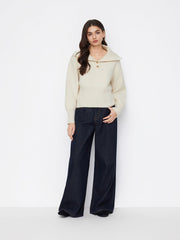 Knit Wool-blend Collar Long Sleeve Metal Button Cinched Waist Top