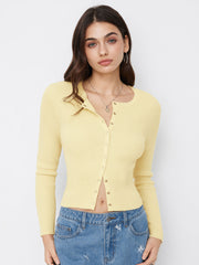 Knit Wool-blend Round Neckline Long Sleeve Button Top