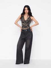 Cotton-blend Camo Print Halter V-neck Ruche Cami Top