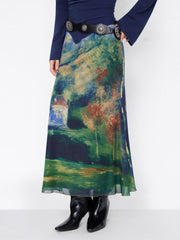 Mesh Oil Painting Mid Rise Lettuce Trim Mermaid Maxi Skirt