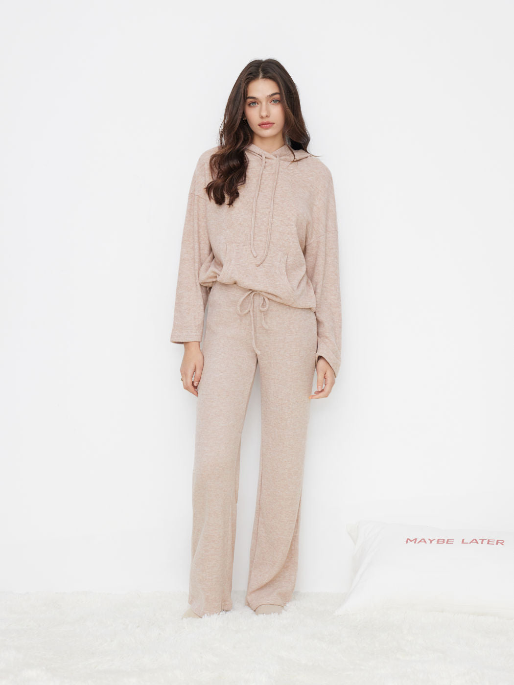 Hooded Drawstring Oversized Long Sleeve Top & Mid Rise Straight Leg Trousers Loungewear Set