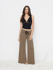 V-neck Bowknot Top & Mid Rise Leopard Print Drawstring Wide Leg Trousers Loungewear Set