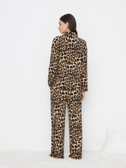 Collar Leopard Print Long Sleeve Top & Mid Rise Straight Leg Trousers Loungewear Set
