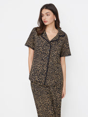 Collar Leopard Print Lace Trim Top & Mid Rise Wide Leg Trousers Loungewear Set