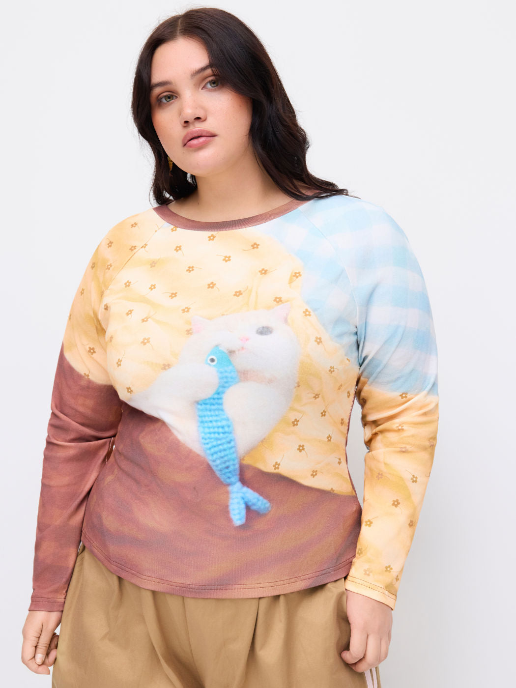 Cat Pattern Long Sleeve Tee Curve & Plus