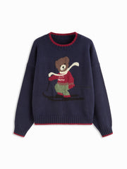 Knit Happy Bear Round Neck Contrasting Trim Sweater