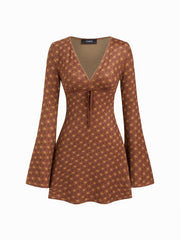 Textured V-neck Bell Sleeve Lettuce Trim Knotted Mini Dress