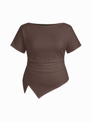 Cotton-blend Boat Neck Ruched Asymmetrical Hem Tee Curve & Plus