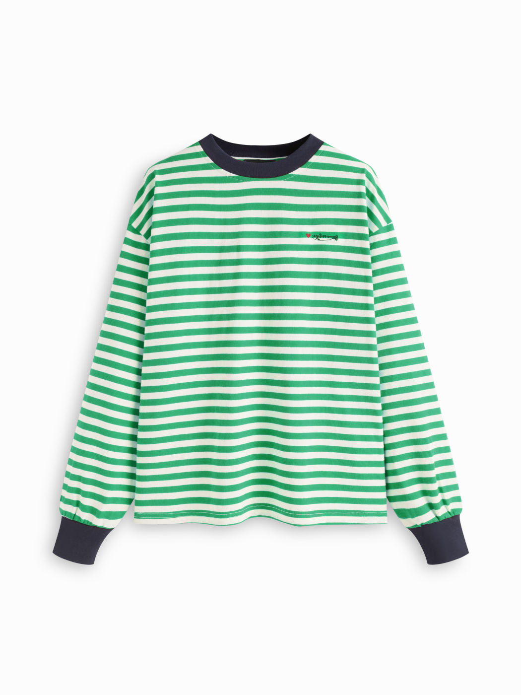Cotton Striped Fish Embroidery Contrasting Binding Long Sleeve Tee
