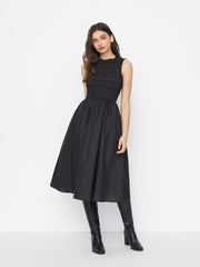 Cotton-blend Round Neckline Shirred Ruffle Midi Dress