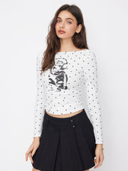 Cotton-blend Polka Dot & Cat Graphic Boat Neck Ruched Top