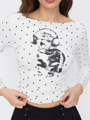 Cotton-blend Polka Dot & Cat Graphic Boat Neck Ruched Top