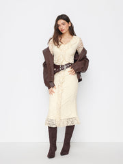 Lace V-neck Floral Ruffle Bell Sleeve Maxi Dress