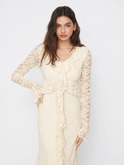 Lace V-neck Floral Ruffle Bell Sleeve Maxi Dress
