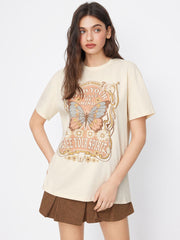 100% Cotton Round Neckline Butterfly Graphic Oversized Tee