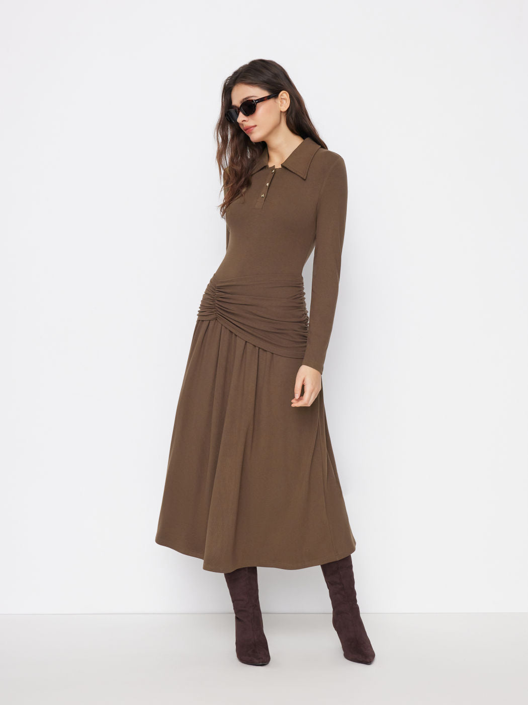 Collar Ruched Metal Button Long Sleeve Maxi Dress