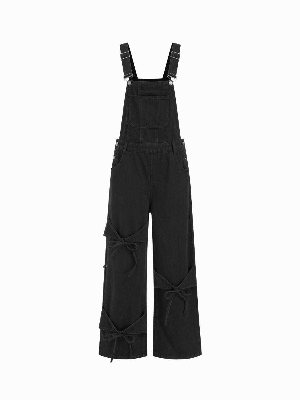 Denim Bowknot Buckle Up Pocket Wide Leg Jumpsuit