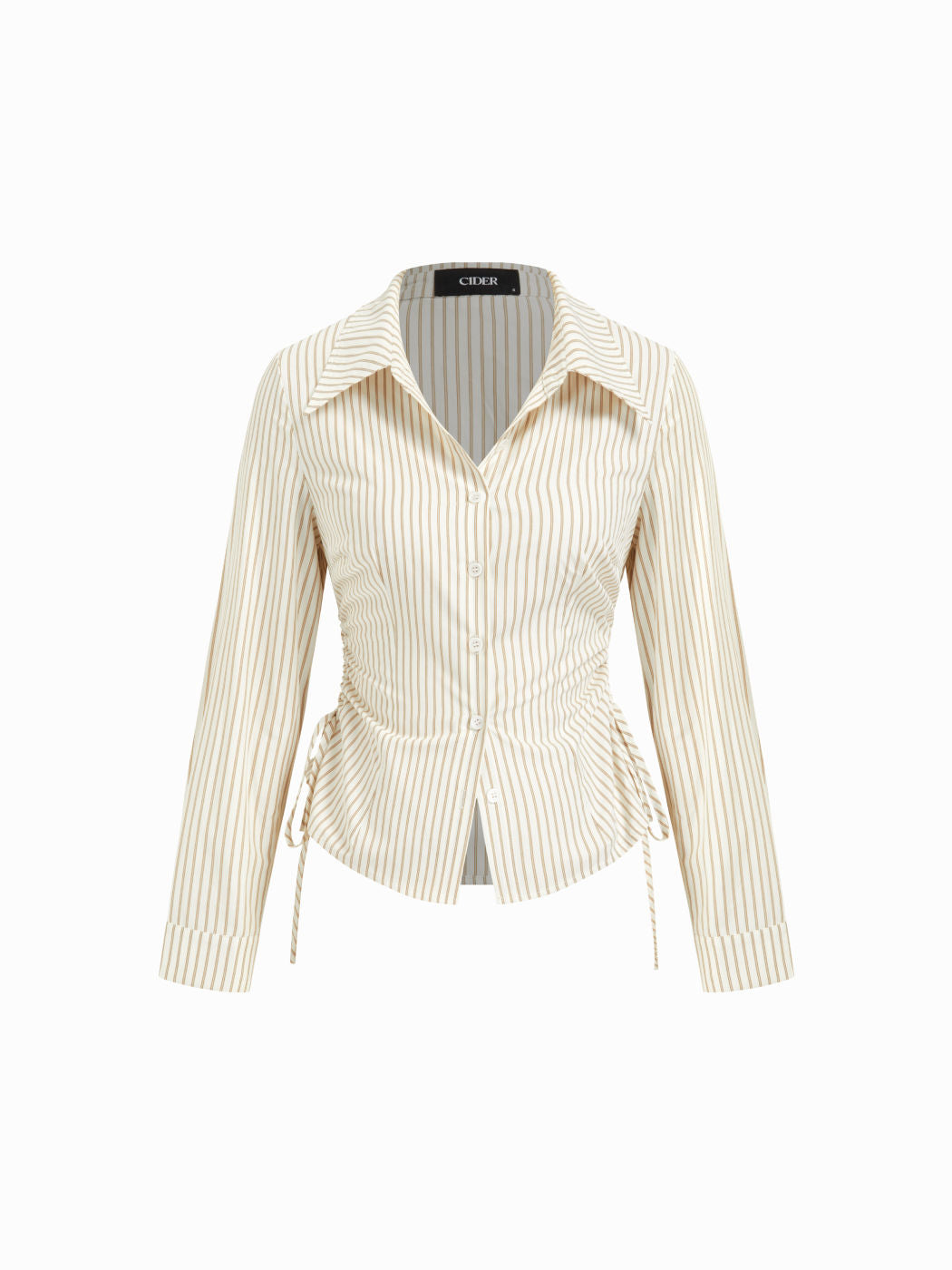 Cotton-blend Striped Collar Long Sleeve Drawstring Side Shirt