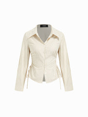 Cotton-blend Striped Collar Long Sleeve Drawstring Side Shirt