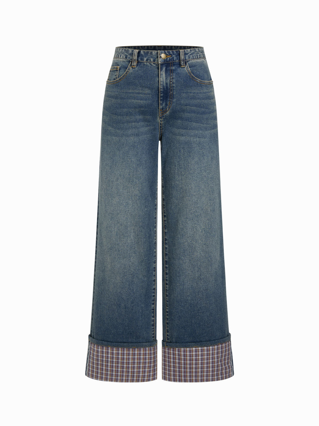 Cider Stretch Denim Mid Rise Plaid Roll Hem Straight Leg Jeans