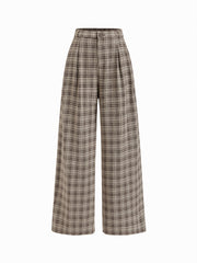 Mid Rise Plaid Pleated Wide Leg Trousers