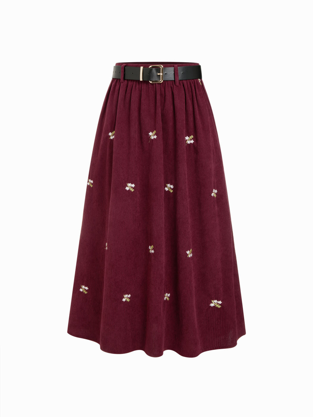 Corduroy Mid Rise Floral Embroidery Ruffle Pocket Maxi Skirt With Belt