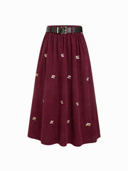Corduroy Mid Rise Floral Embroidery Ruffle Pocket Maxi Skirt With Belt