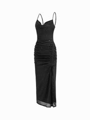 Cowl Neck Glitter Ruched Split Drawstring Maxi Dress