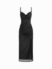 Cowl Neck Glitter Ruched Split Drawstring Maxi Dress
