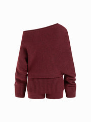 Knit Wool-blend Asymmetrical Neck Long Sleeve Sweater & Low Rise Shorts Set