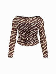 Mesh Leopard Boat Neck Long Sleeve See-through Top With Cami Top Curve & Plus
