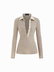 Two Tone Collar Long Sleeve Button Top