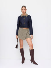 Plaid Collar Two Tone Button Oversized Crop Shacket