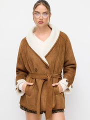 Faux Shearling Collar Oversized Jacket With Belt
